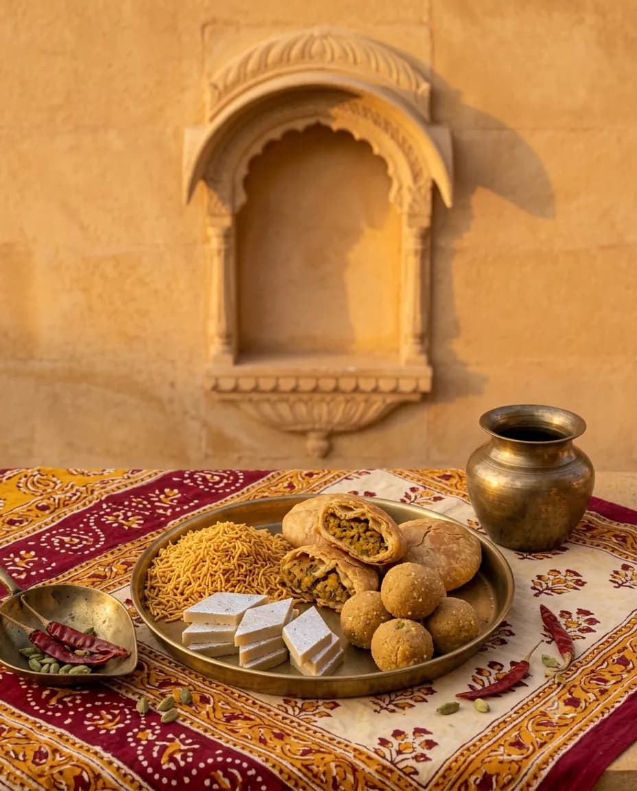 A Bikaneri still life: brass thali of mithai and namkeen on a Rajasthani block-print cloth, the roots of Laxman Bikaner