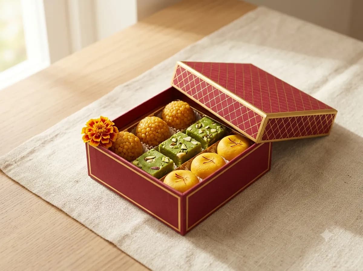 Choti Bhent: a small red and gold Laxman Bikaner mithai box with ladoo, barfi and peda