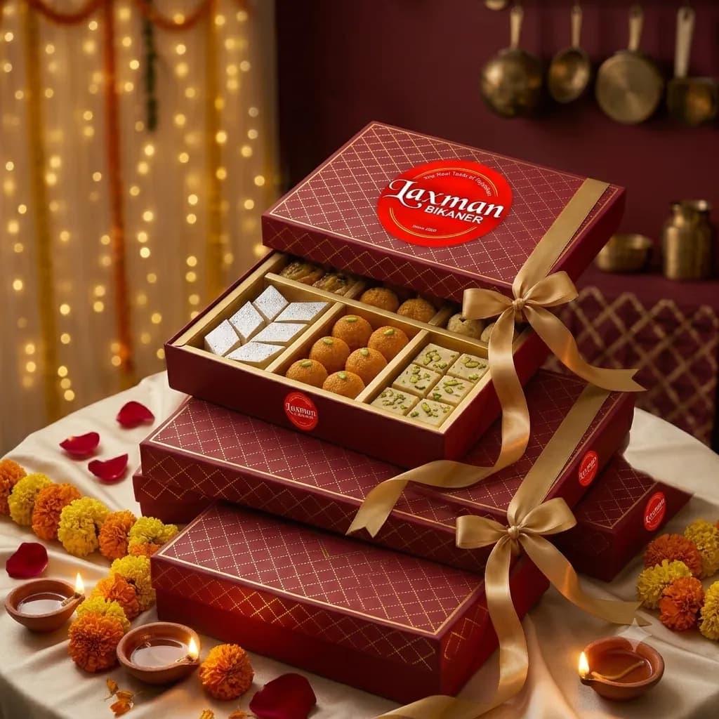 A stack of red and gold Laxman Bikaner Bhent mithai gift boxes with ribbons, diyas and marigolds