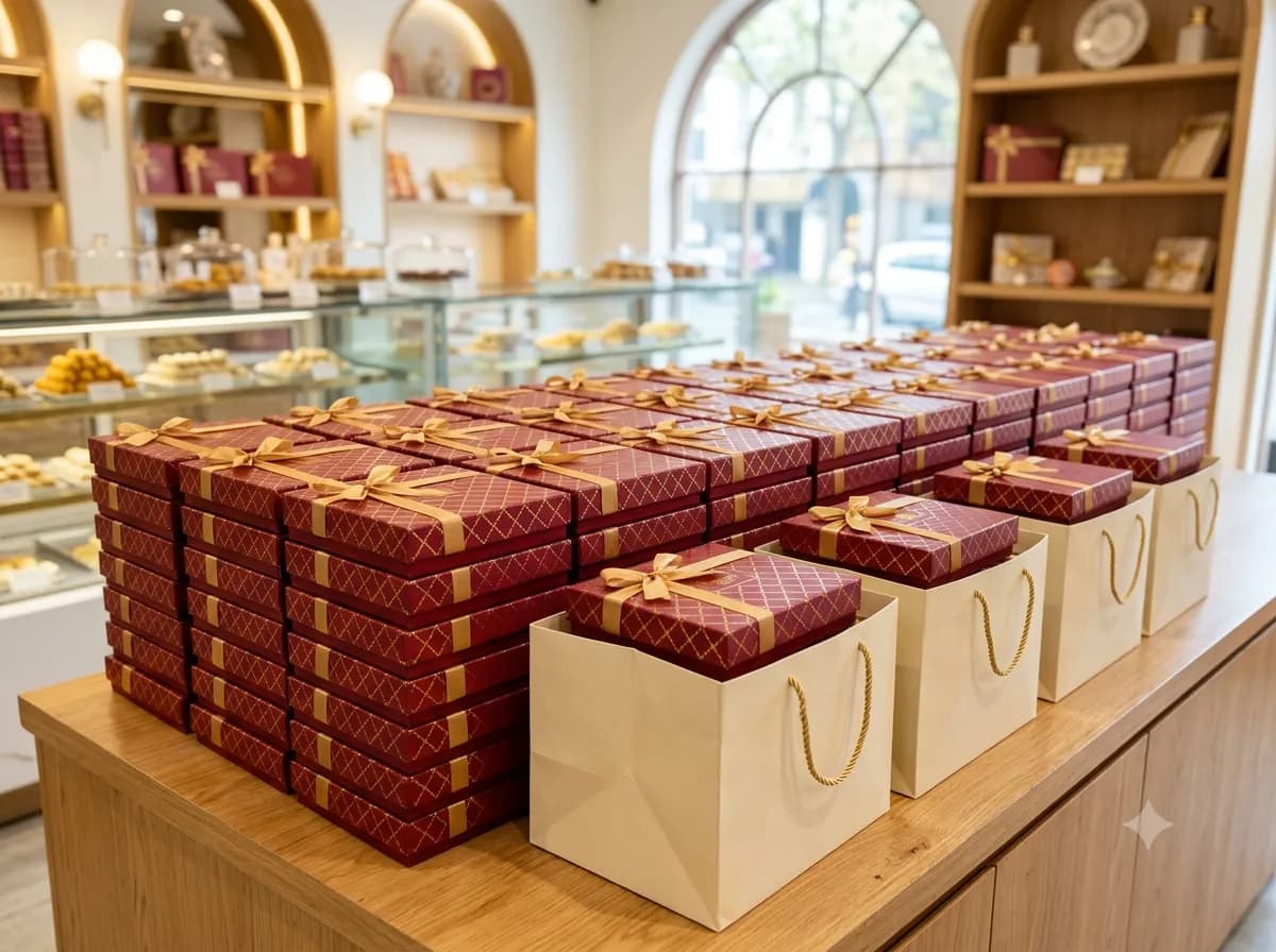 Stacks of identical red and gold Laxman Bikaner sweet boxes packed for a corporate Diwali order