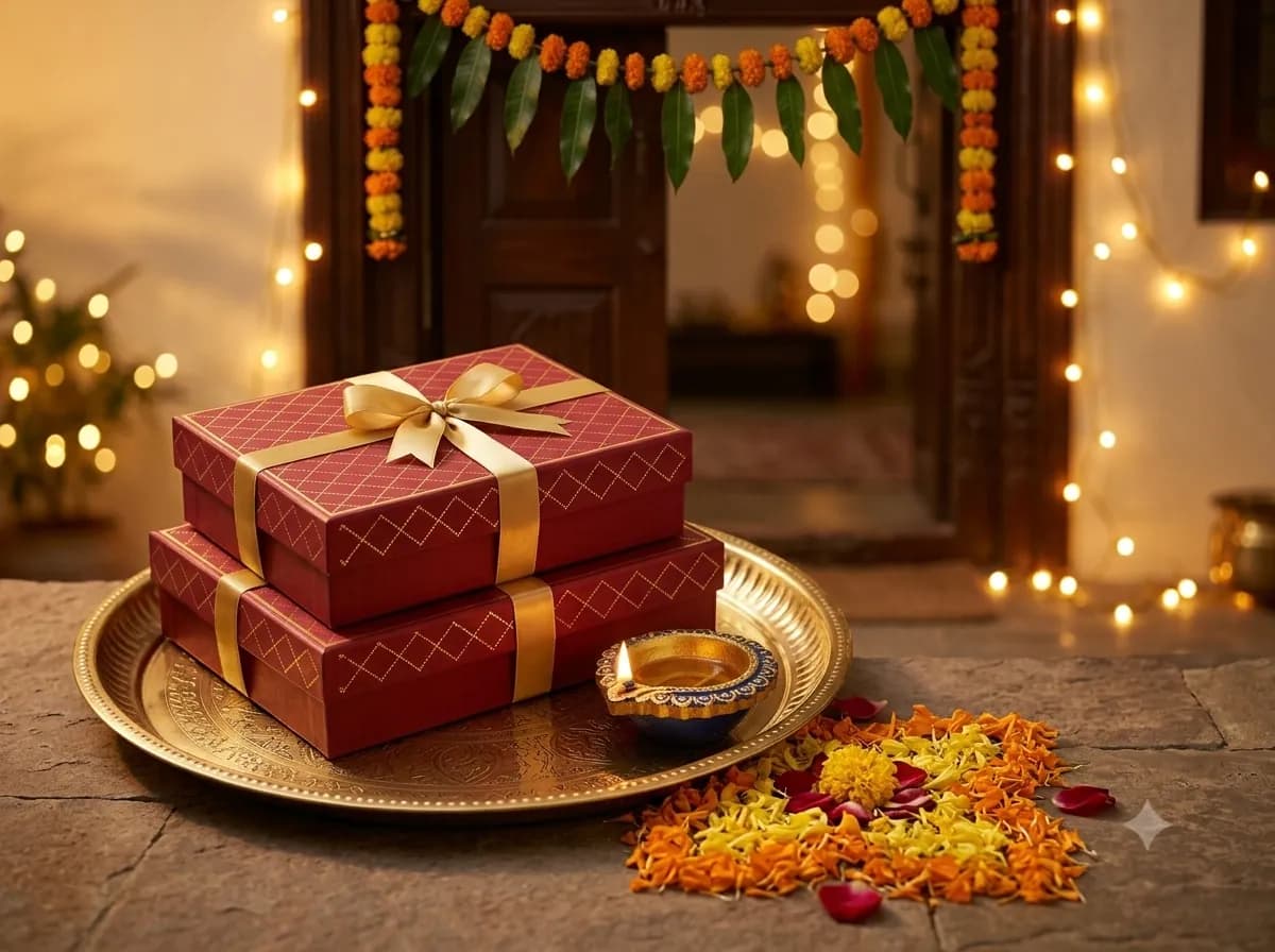 Diwali mithai gift boxes from Laxman Bikaner with diyas and marigolds, ready for festival gifting in Faridabad