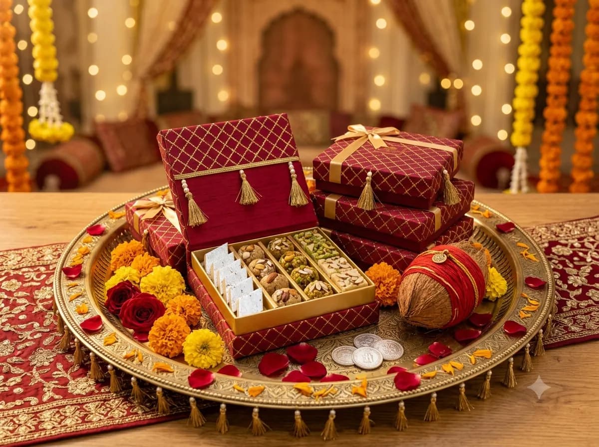 Decorated wedding shagun mithai boxes from Laxman Bikaner on a tray with marigold and rose petals