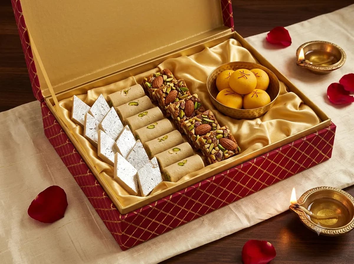 Shahi Bhent: a premium gold-foil Laxman Bikaner gift box of kaju katli and dry-fruit sweets