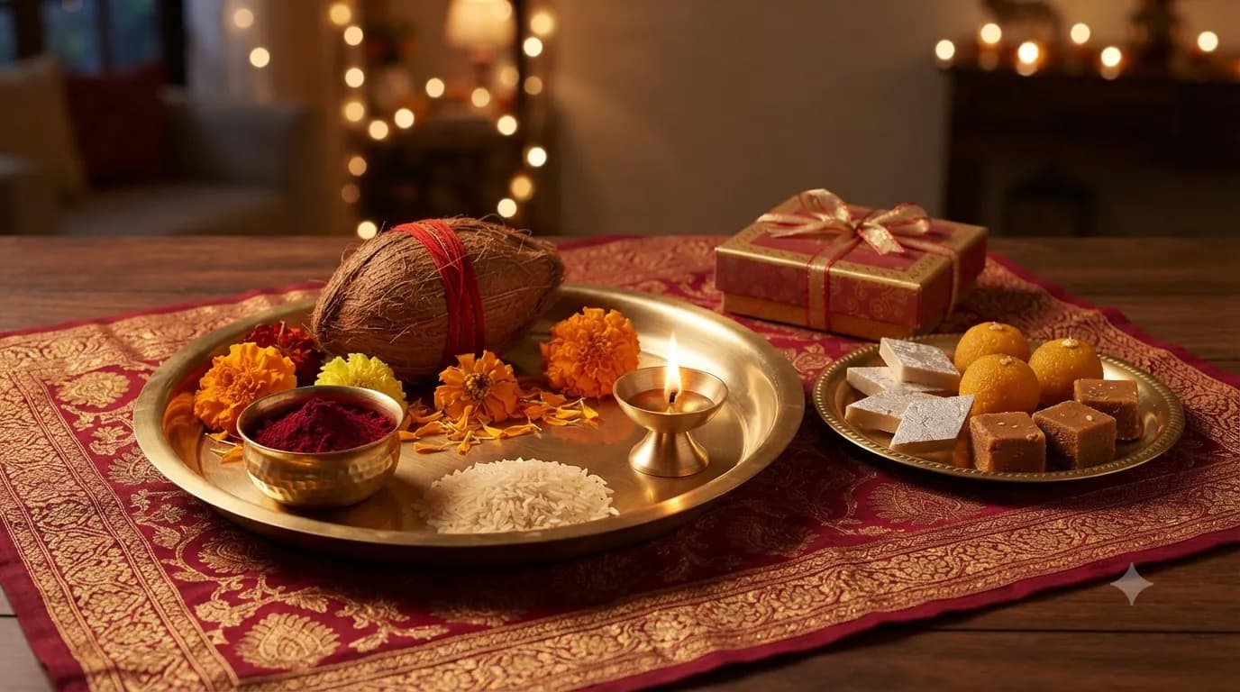 Bhai Dooj thali with roli, rice, a diya and a plate of sweets including kaju katli and motichoor ladoo