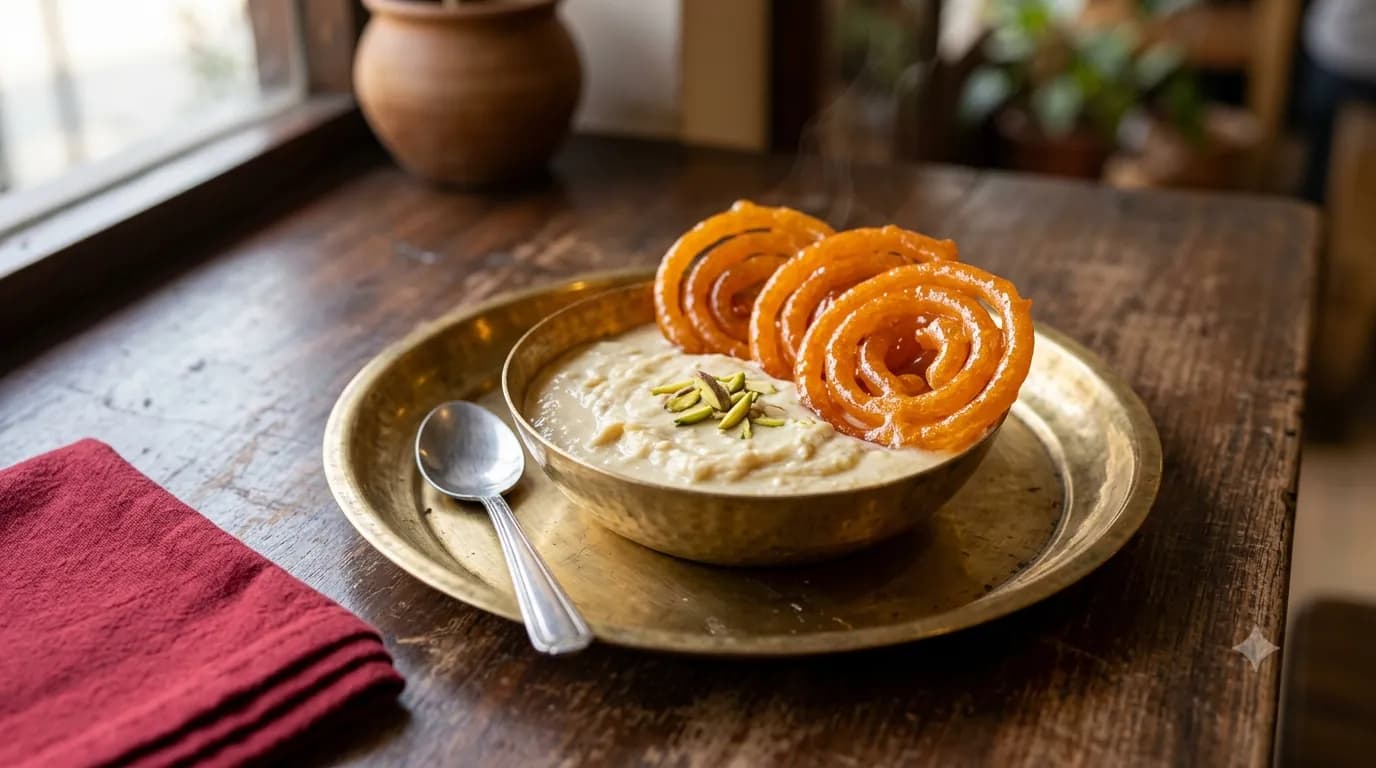 Hot orange jalebi spirals resting on a brass bowl of cold thick rabri topped with pistachio slivers, the jalebi rabri pairing