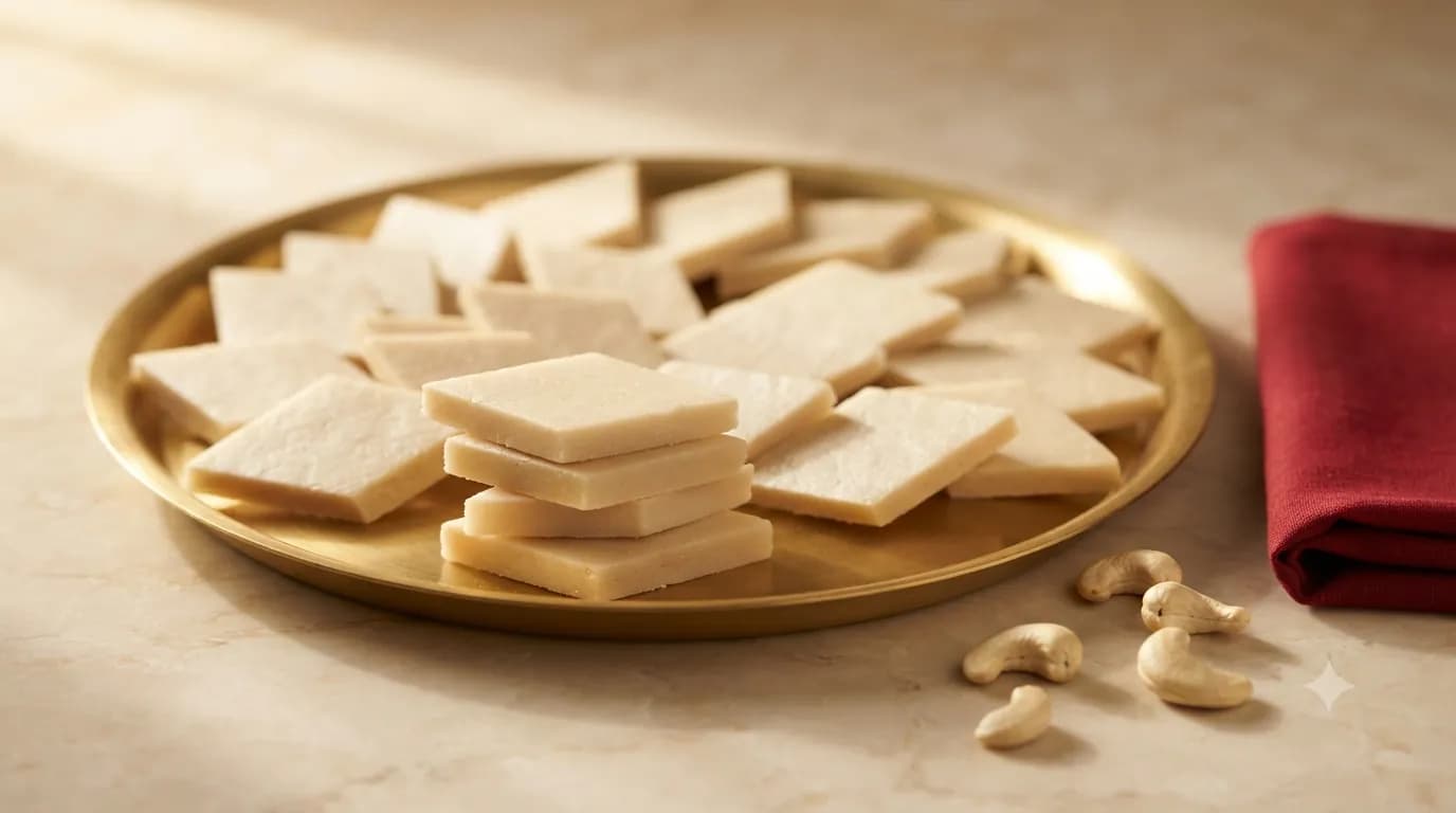 Diamond-shaped kaju katli stacked on a brass thaal