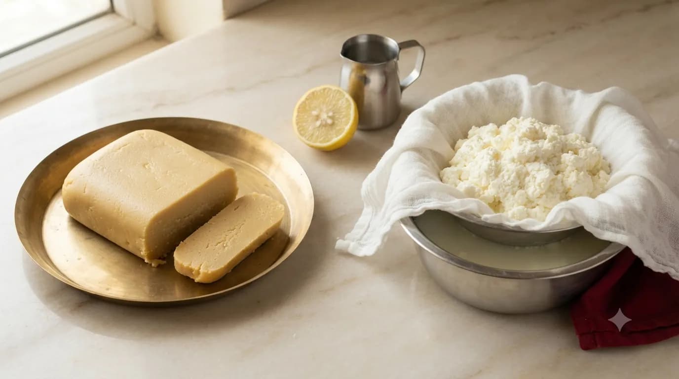 A block of golden khoya next to a muslin cloth of fresh white chhena, the two milk bases of Indian mithai