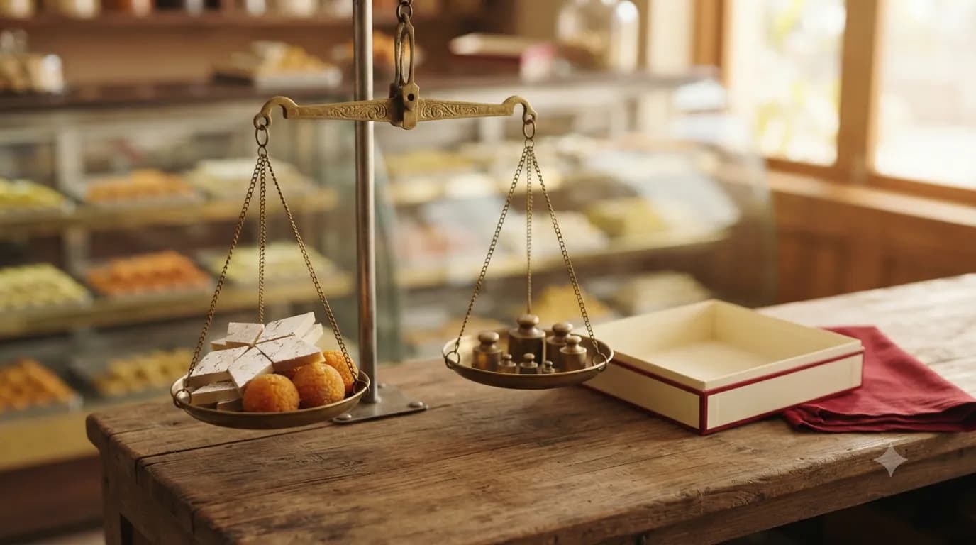 Mithai being weighed on a brass taraazu scale at a sweet shop counter, with an empty sweet box beside it