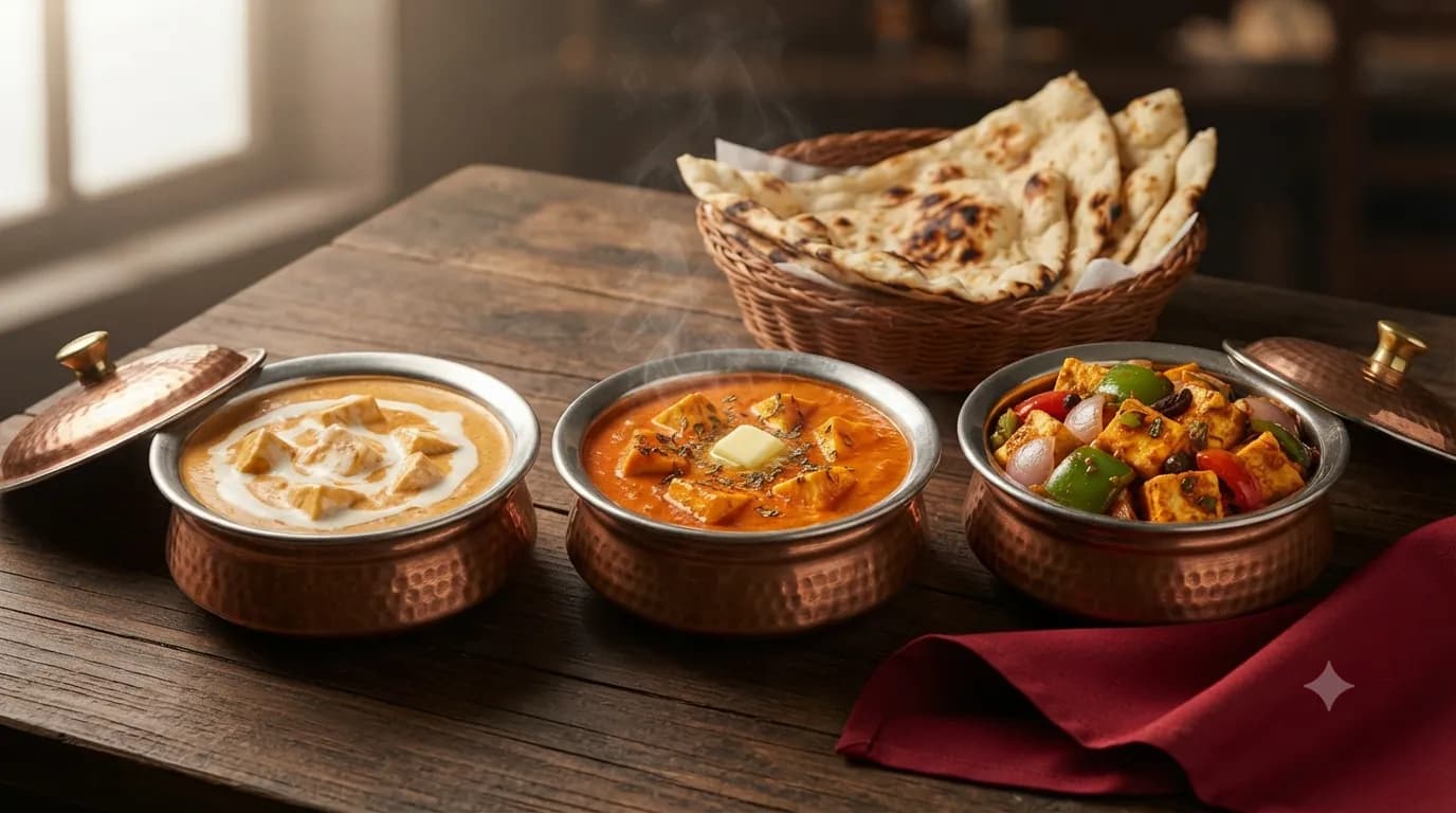 Shahi paneer, paneer makhani and kadai paneer in copper handis with butter naan at a restaurant in Ballabgarh