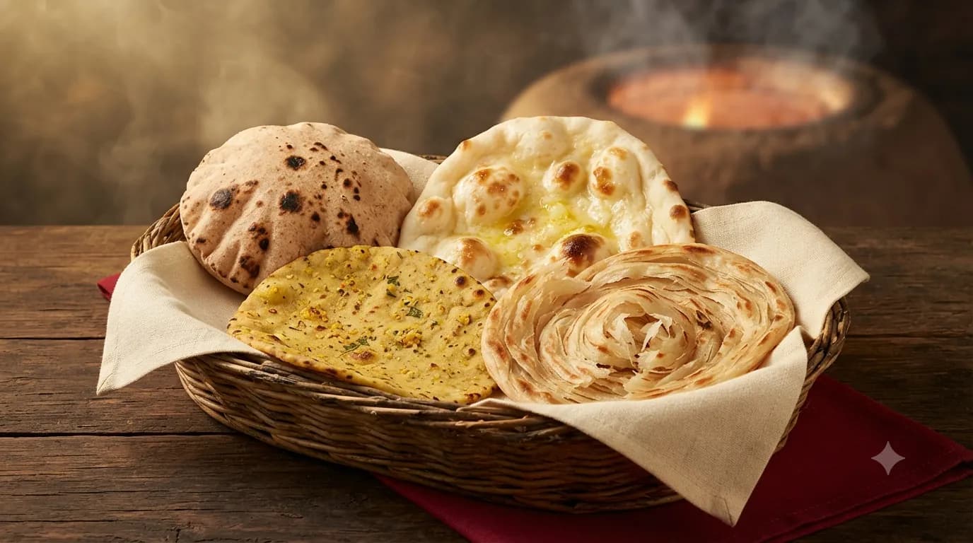 A basket of tandoor breads: tandoori roti, butter naan, missi roti and a layered lachha paratha