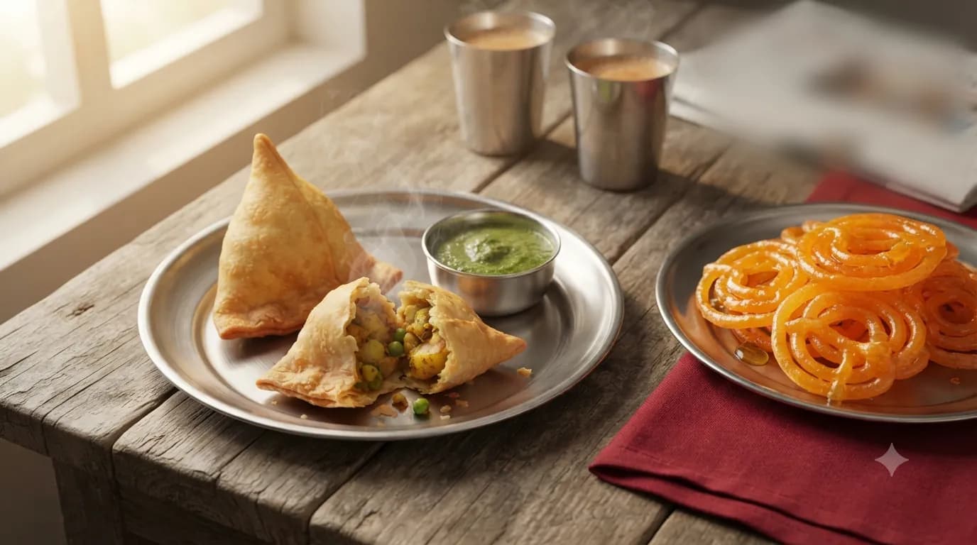 Hot samosas with green chutney next to a plate of crisp orange jalebi, the samosa jalebi combo