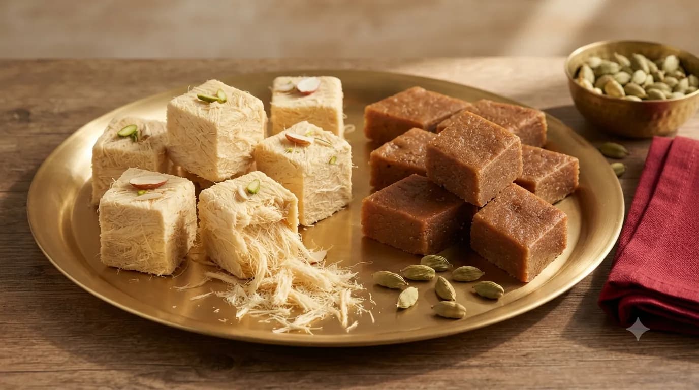 Flaky soan papdi cubes next to denser, darker patisa squares on a brass plate
