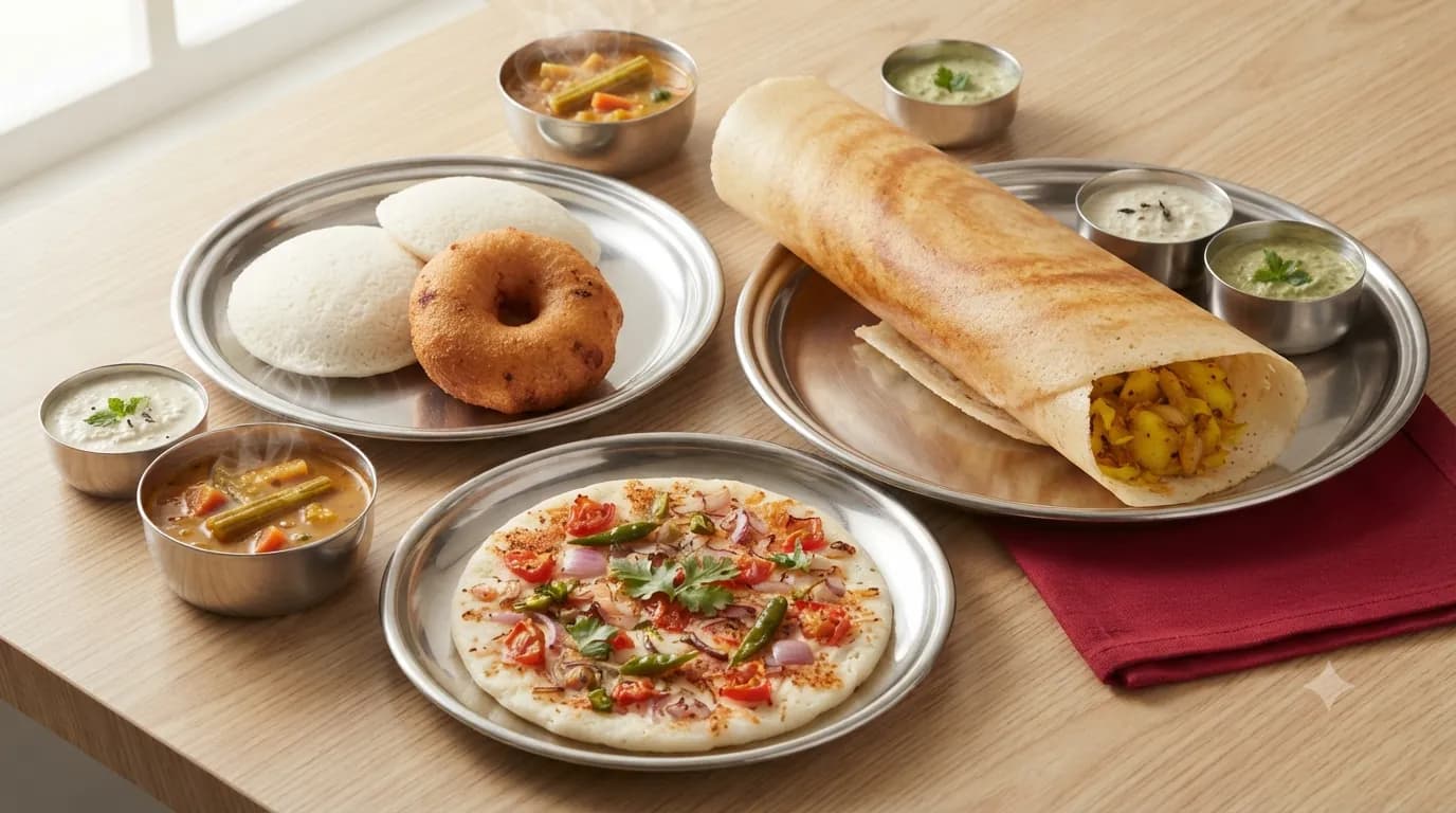 A crisp masala dosa with sambar, a plate of idli and medu vada, and an uttapam, South Indian food in Ballabgarh