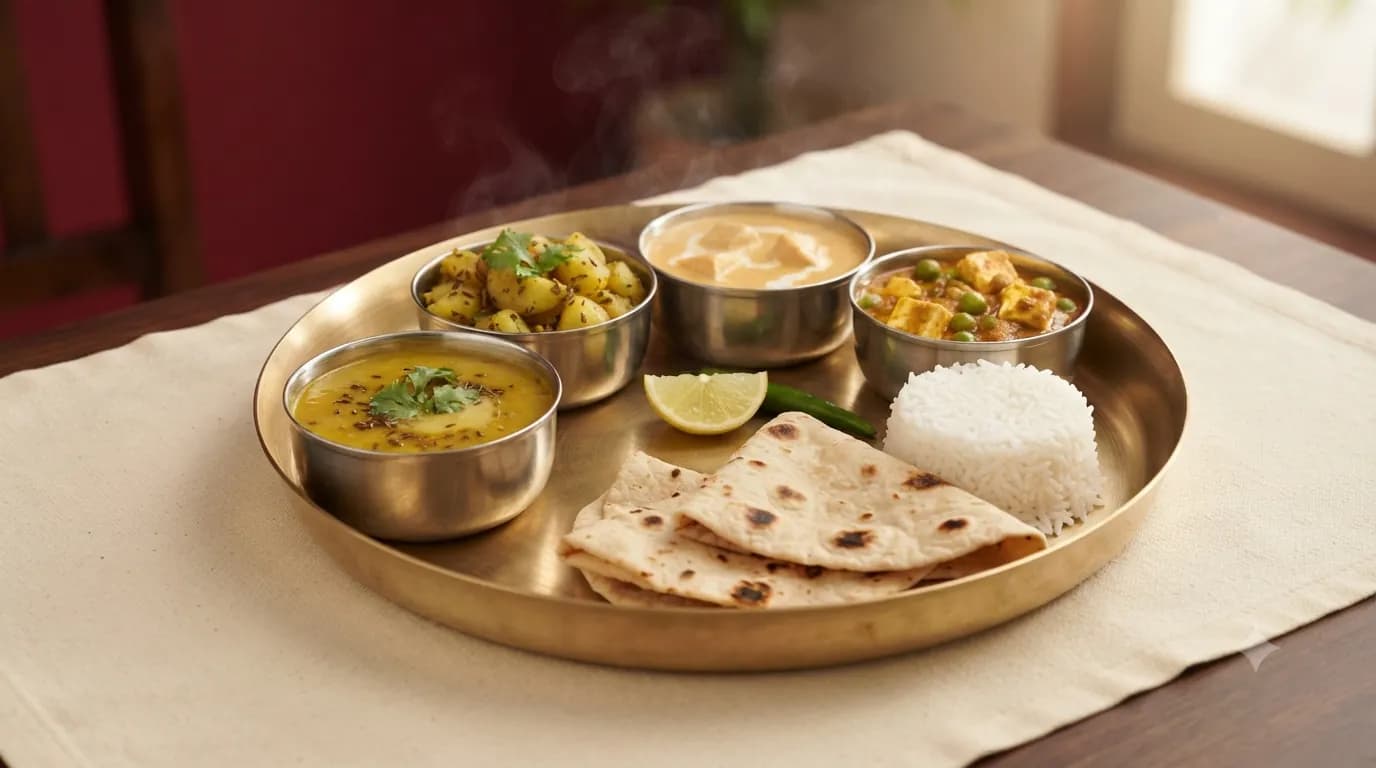 Vaishno bhojan thali with jeera dal, jeera aloo, paneer and tandoori roti, cooked without onion or garlic
