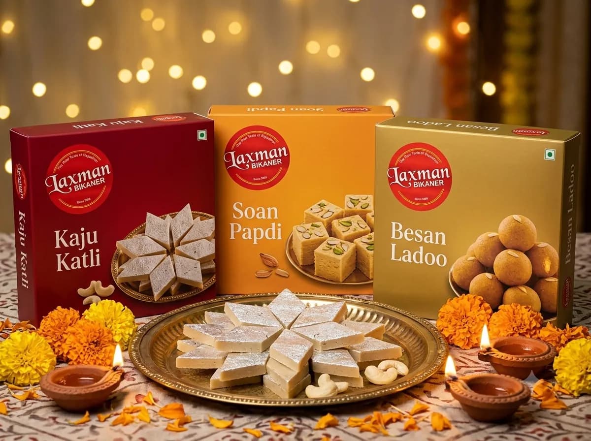 Laxman Bikaner Diwali sweet boxes with diyas and marigolds, Ballabgarh