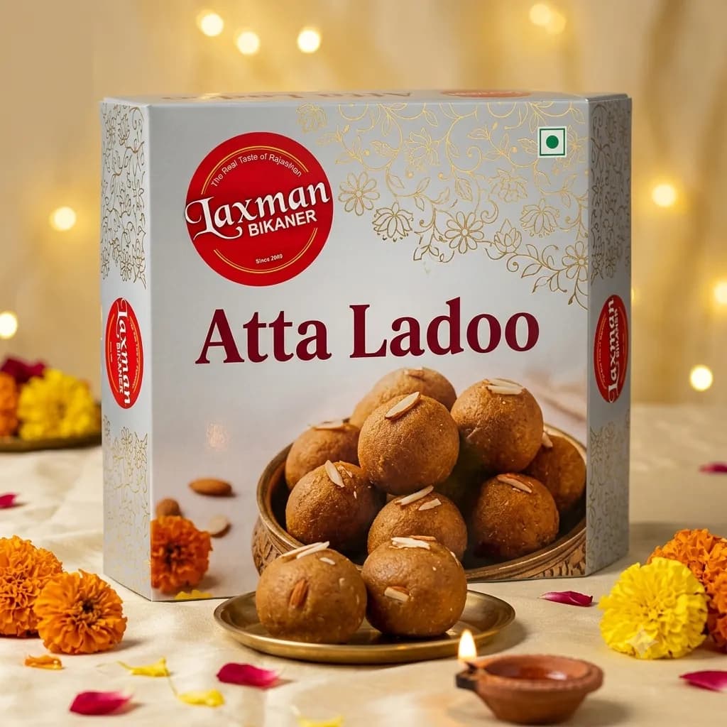 Laxman Bikaner Atta Ladoo retail box, 1 kg, with atta ladoos on a brass plate