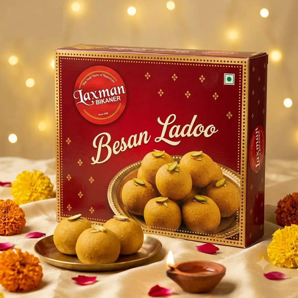 Laxman Bikaner Besan Ladoo retail box, 1 kg, with besan ladoos on a brass plate