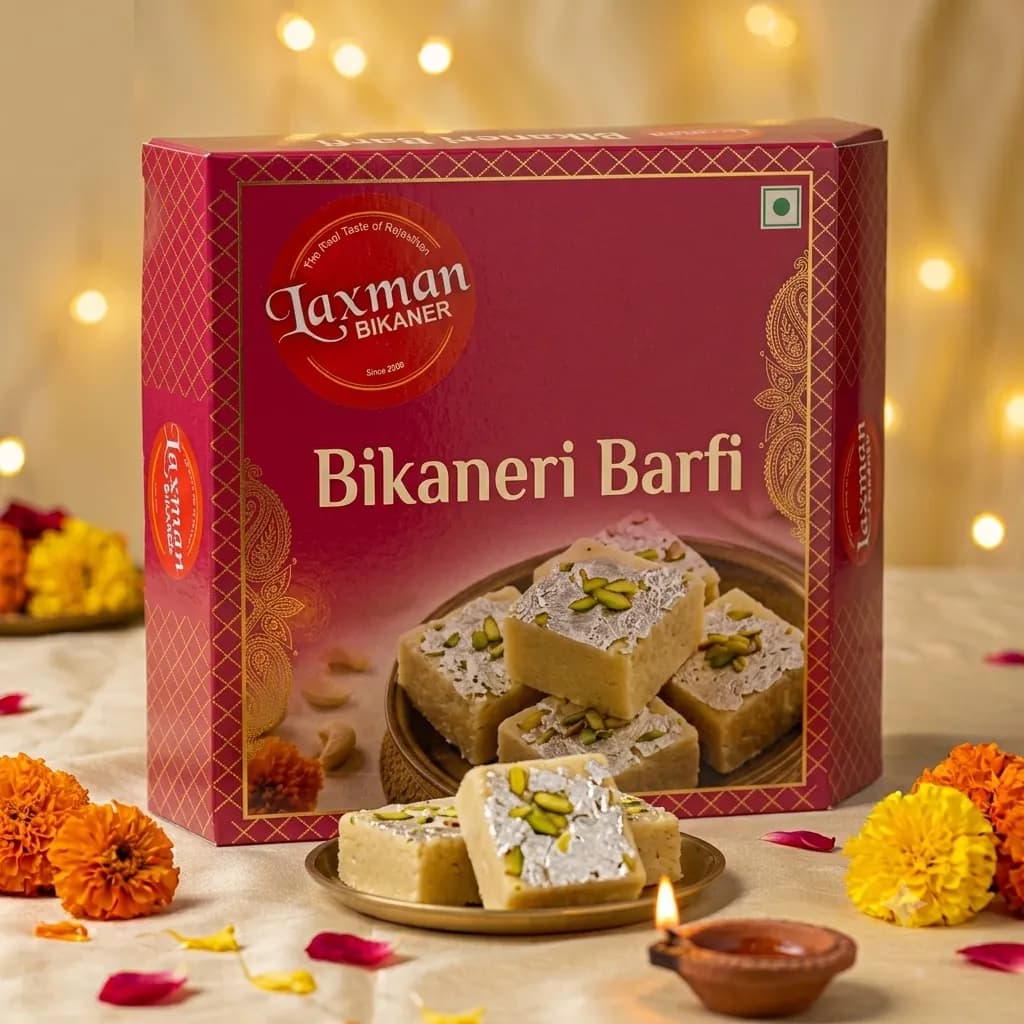 Laxman Bikaner Bikaneri Barfi retail box, 1 kg, with barfi squares on a brass plate