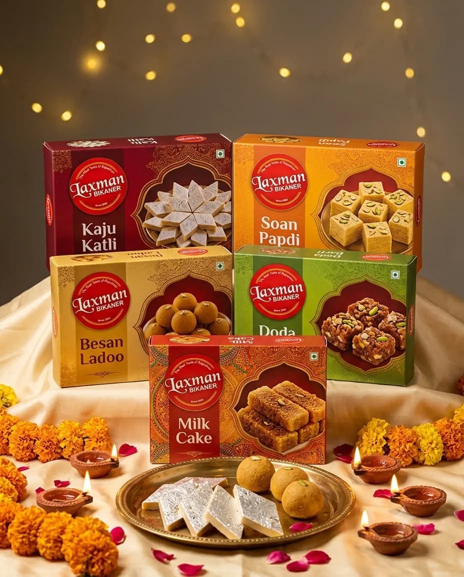 Laxman Bikaner Diwali sweet boxes: kaju katli, soan papdi, besan ladoo and doda barfi retail packs with diyas, Ballabgarh