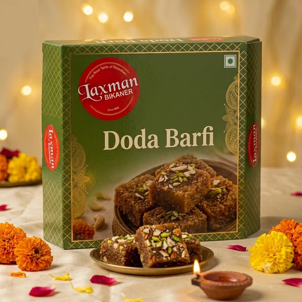 Laxman Bikaner Doda Barfi retail box, 1 kg, with doda barfi on a brass plate