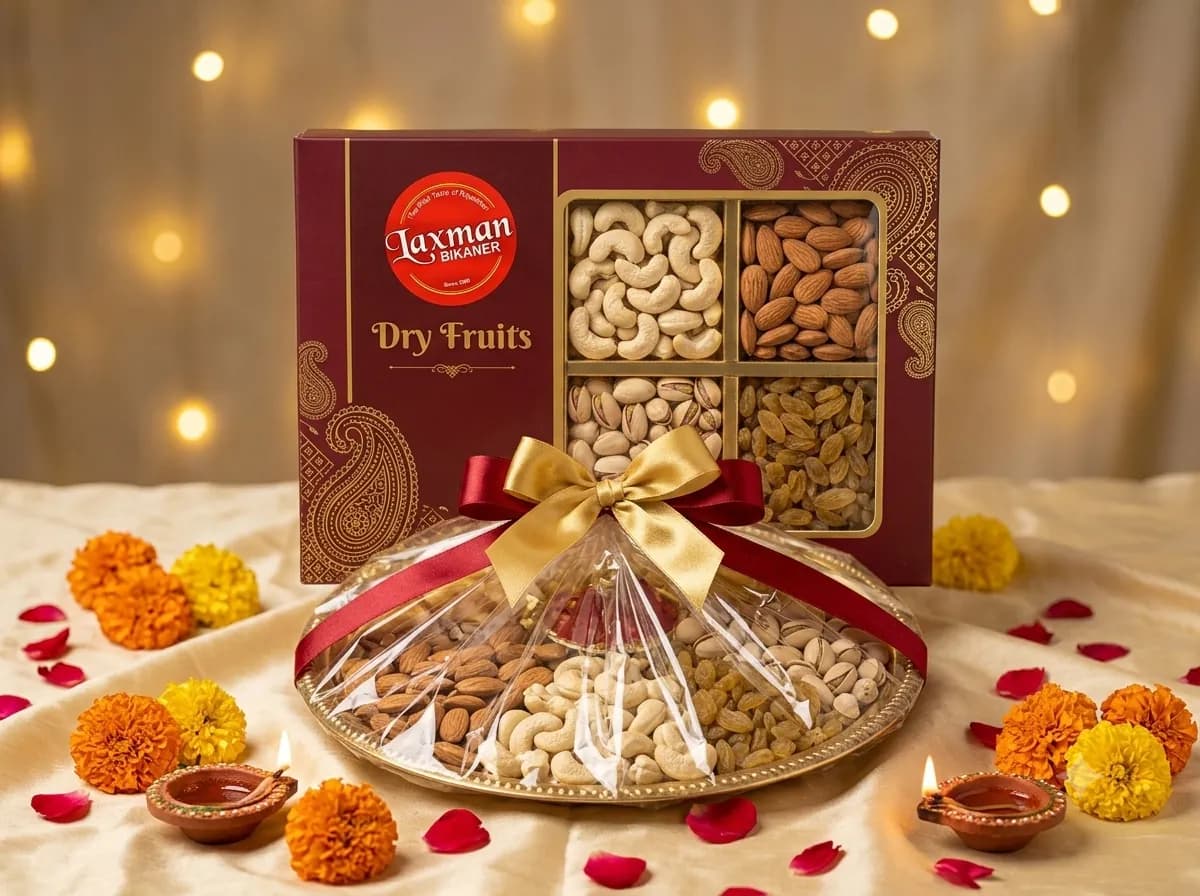 A Laxman Bikaner Diwali dry-fruit gift box and decorated thaal of cashews, almonds and pistachios, Ballabgarh