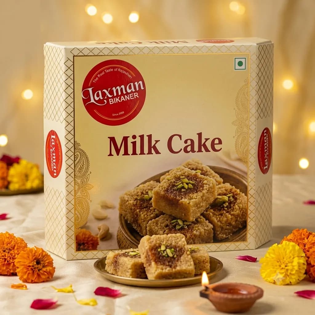 Laxman Bikaner Milk Cake retail box, 1 kg, with milk cake squares on a brass plate