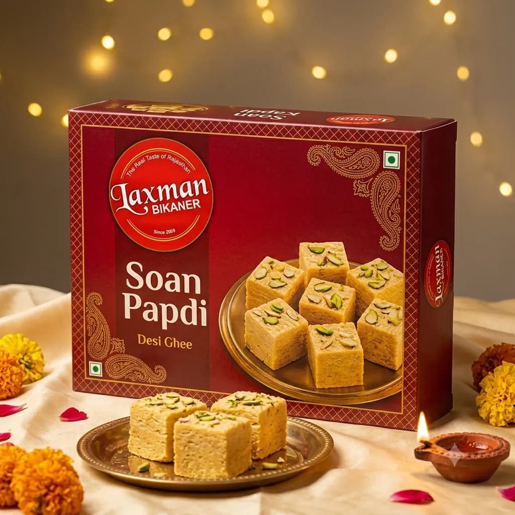 Laxman Bikaner Soan Papdi (Desi Ghee) retail box, 900 g, with soan papdi cubes on a brass plate