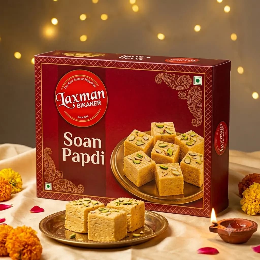 Laxman Bikaner Soan Papdi (Veg. Oil) retail box, 900 g, with soan papdi cubes on a brass plate