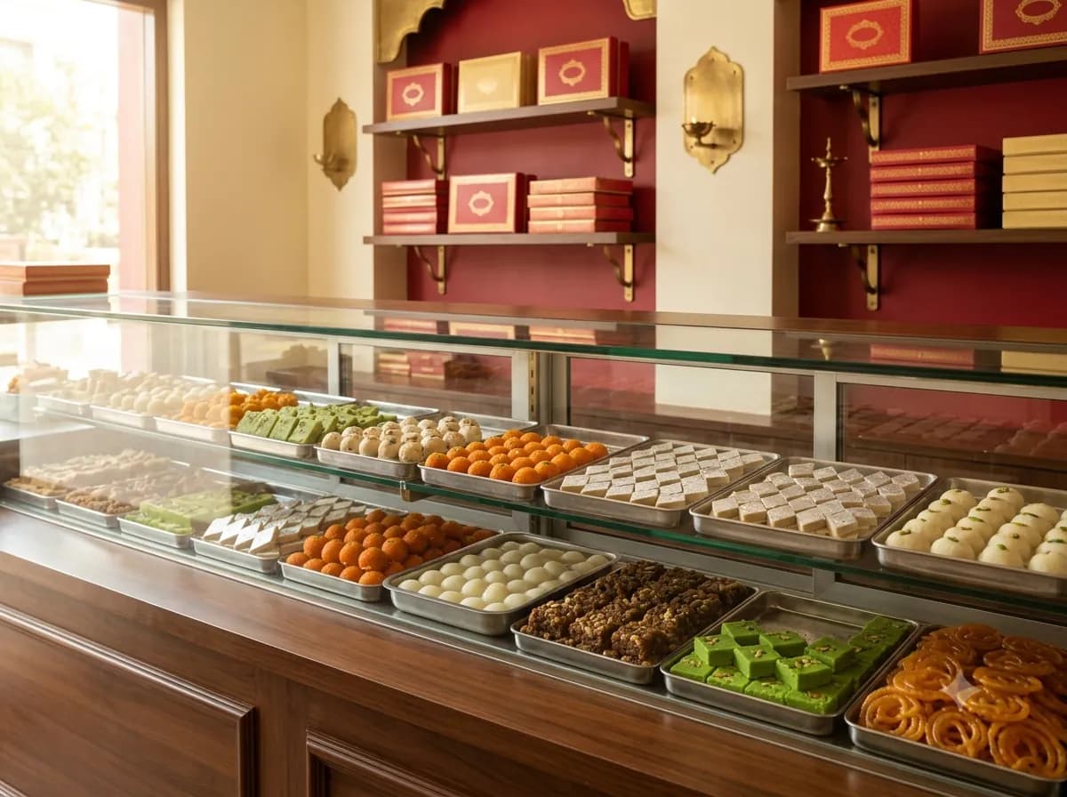 The Laxman Bikaner mithai counter, glass cases full of colourful sweets in warm morning light