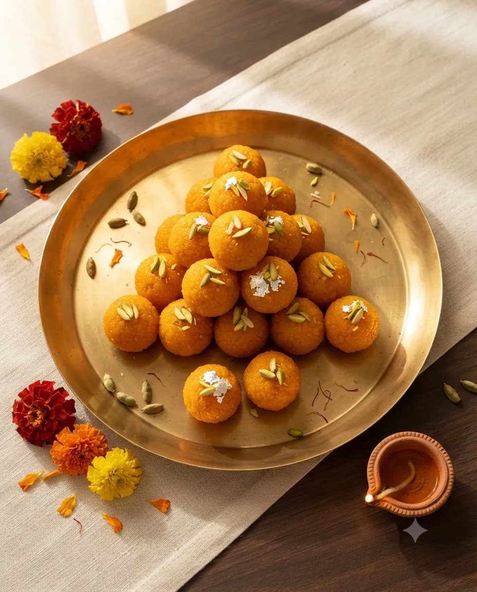 A brass thaal of motichoor ladoo garnished with pistachio at Laxman Bikaner sweet shop, Ballabgarh