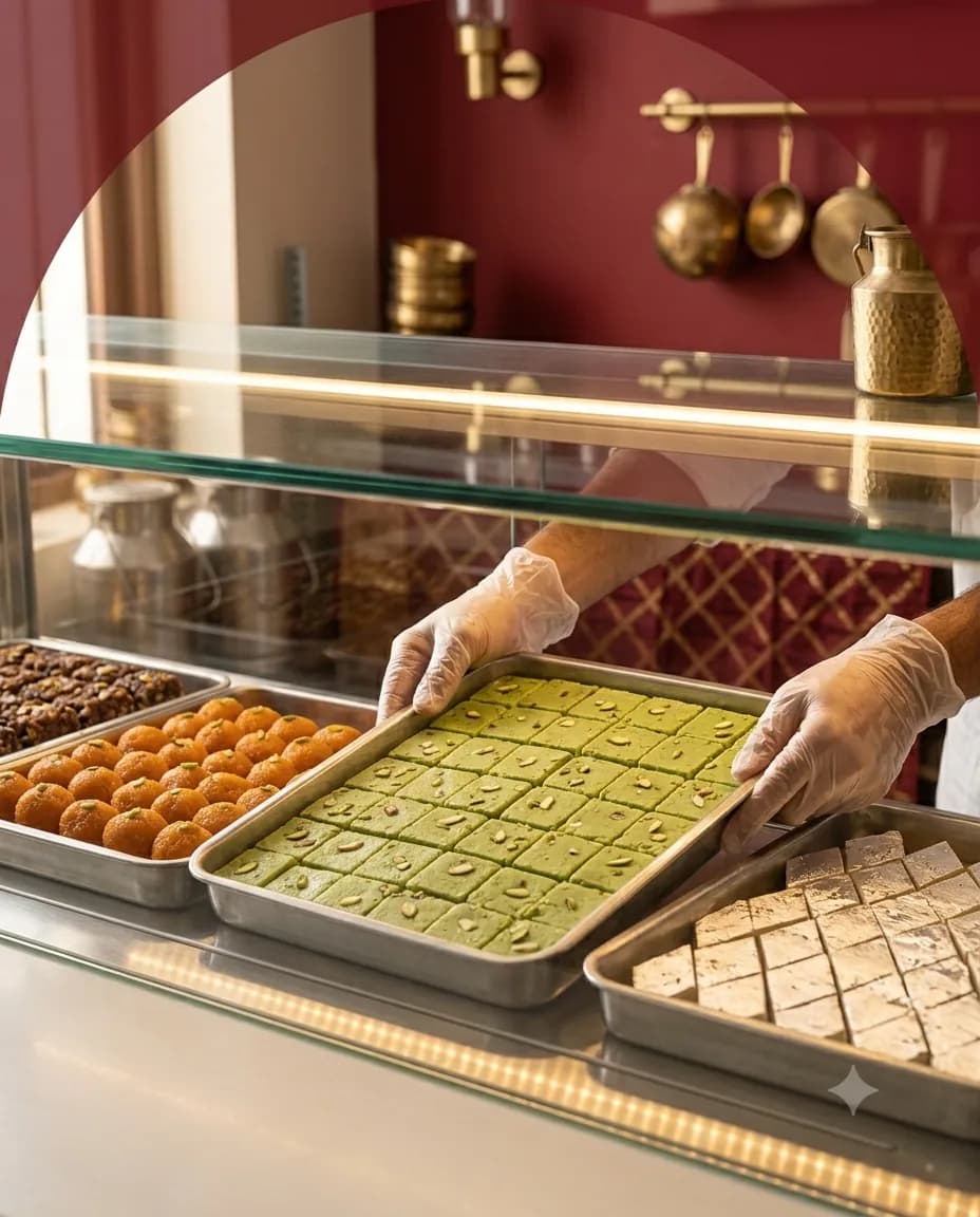 Fresh trays of barfi and ladoo being placed in the glass counter at the Laxman Bikaner sweet shop in the morning