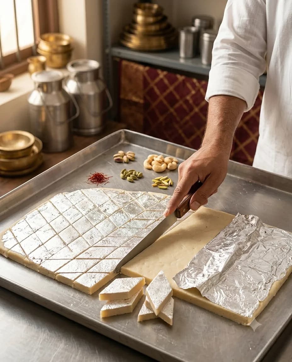 A halwai's hands cutting fresh kaju katli into diamonds by hand at Laxman Bikaner, Ballabgarh