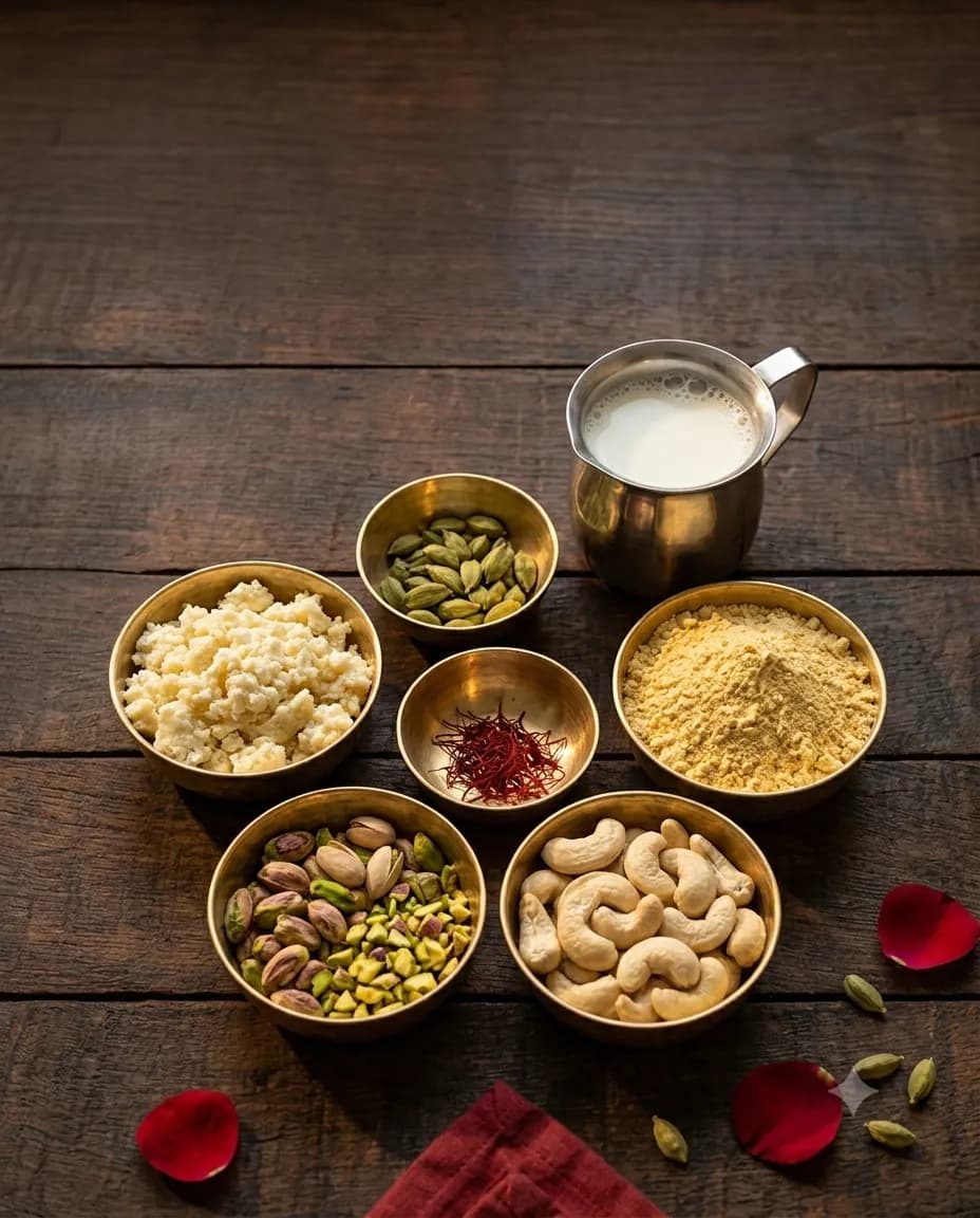 Brass bowls of khoya, besan, cashews, pistachios, saffron and cardamom in the Laxman Bikaner kitchen