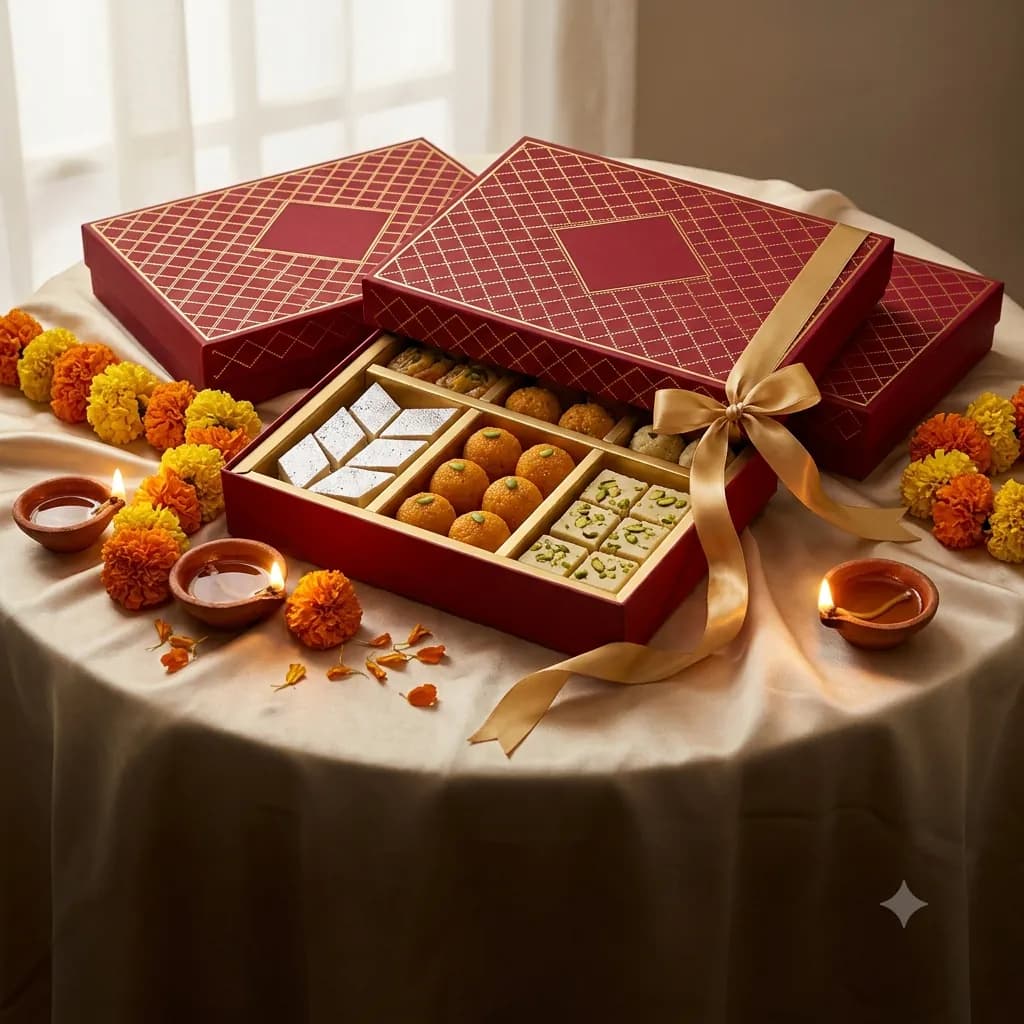 Red and gold Laxman Bikaner mithai gift boxes filled with kaju katli and ladoos, ready for Diwali gifting