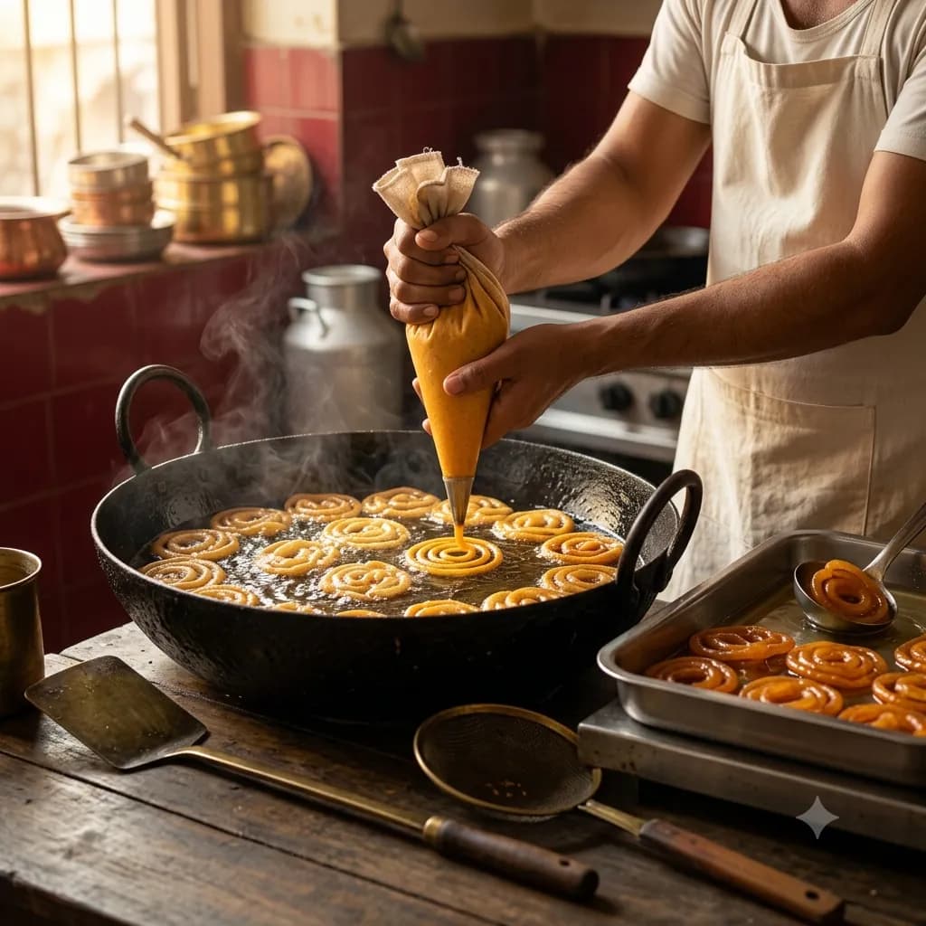 A halwai frying fresh jalebi in a large kadhai at the Laxman Bikaner sweet shop in Ballabgarh