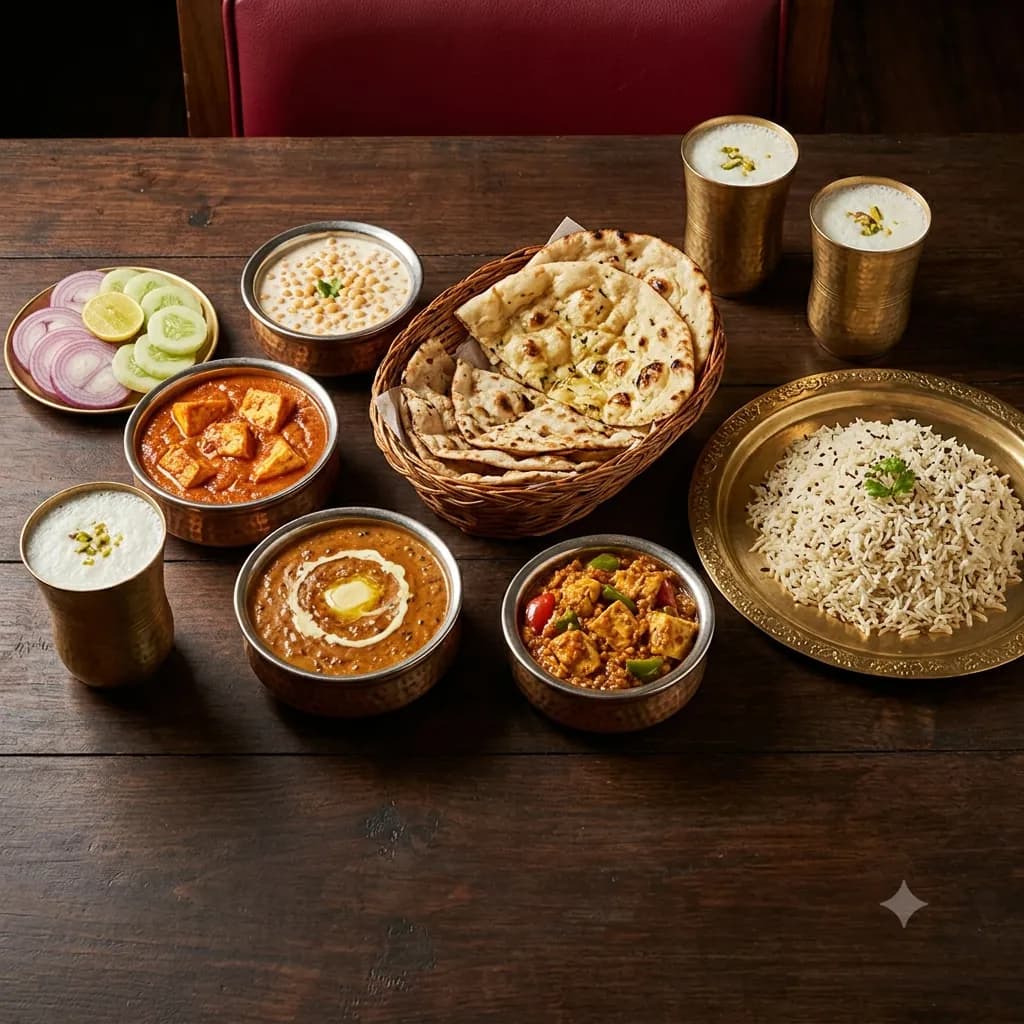 A pure-veg North Indian meal at Laxman Bikaner Rasoi: dal makhani, paneer, butter naan and jeera rice in brass bowls