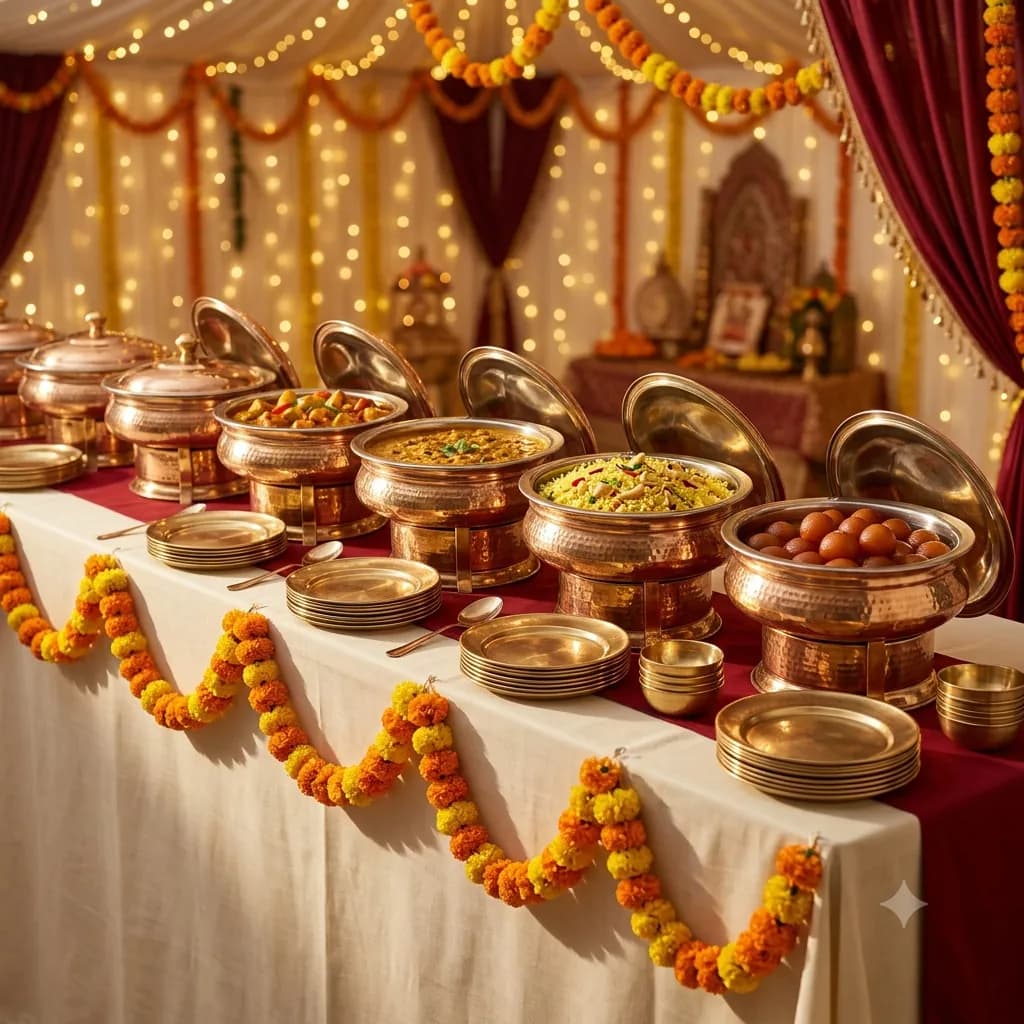 A festive pure-veg catering buffet with brass serving dishes and marigold decoration for a wedding in Faridabad
