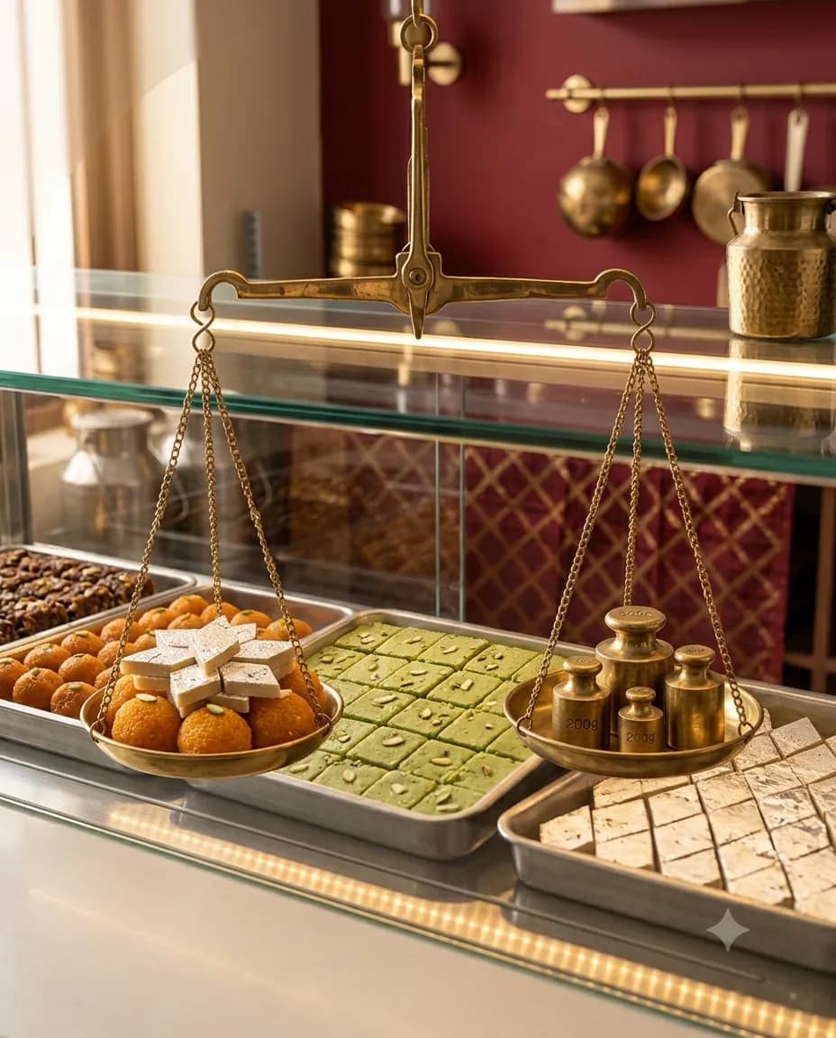 Fresh mithai being weighed on a traditional brass taraazu (scale) at the Laxman Bikaner counter in Ballabgarh
