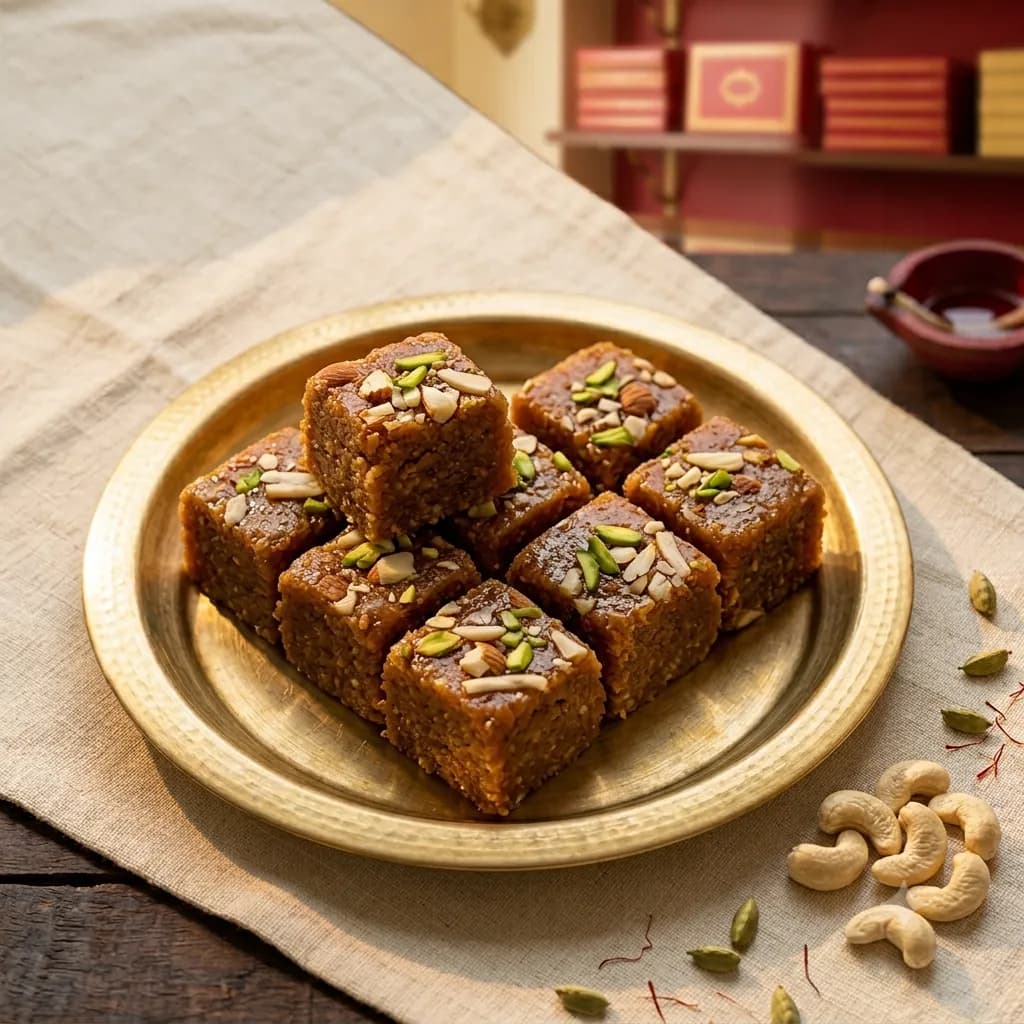 Doda Barfi: Milk slow-cooked until dark, grainy and fudgy. Rich, not too sweet.