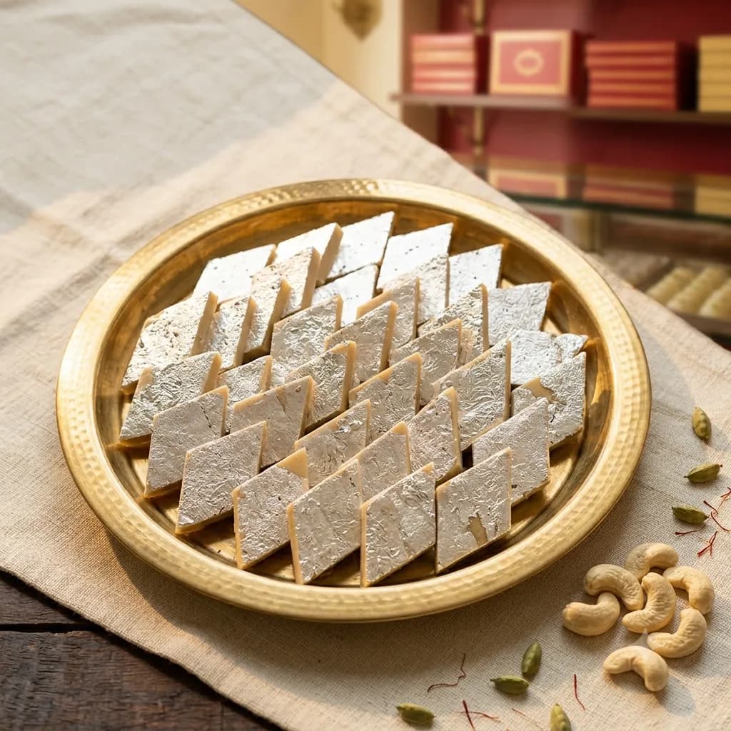 Kaju Katli: Cashew and sugar, cooked thin and cut into diamonds.