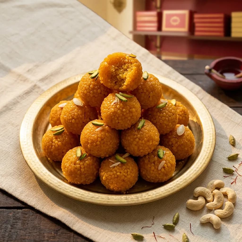 Motichoor Ladoo: Tiny besan pearls, fried and bound in syrup. A festival must.