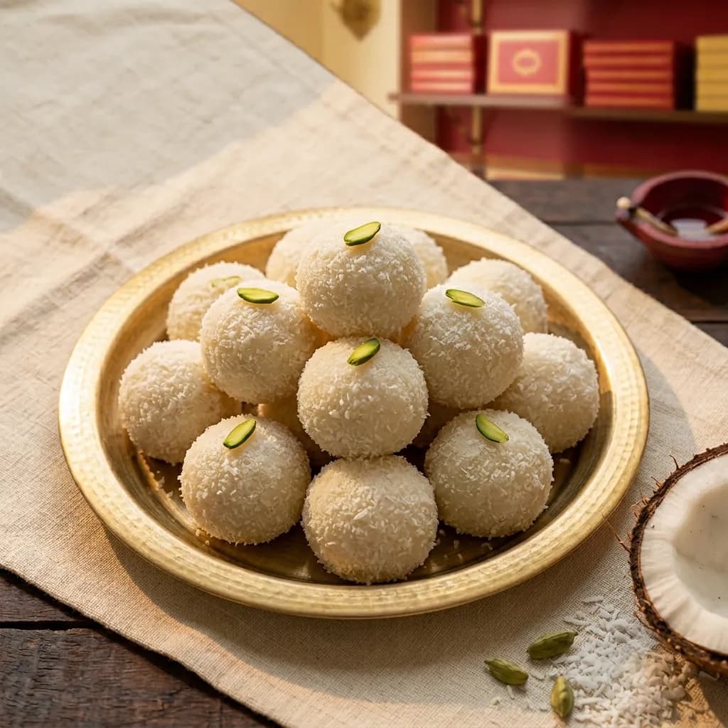 Nariyal Ladoo: Coconut ladoo, soft, fragrant and lightly sweet.