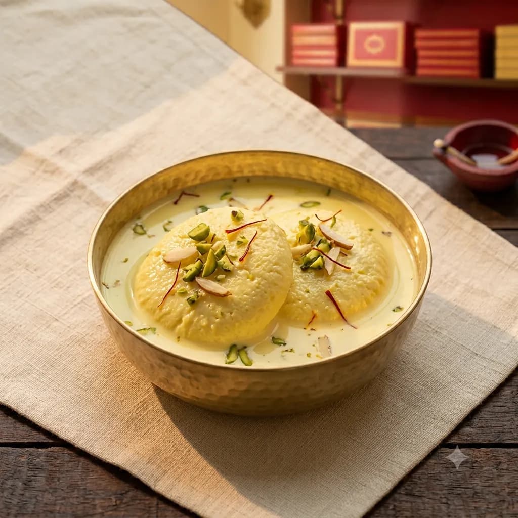 Rasmalai: Soft chhena discs soaked in saffron and cardamom milk.