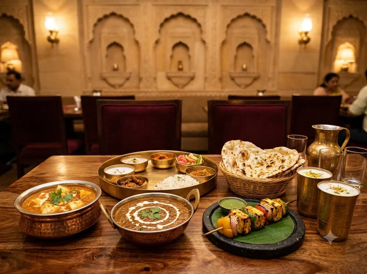 A family table at Laxman Bikaner Rajwadi, the multi-cuisine family restaurant in Ballabgarh, with paneer, dal makhani, naan and a thali