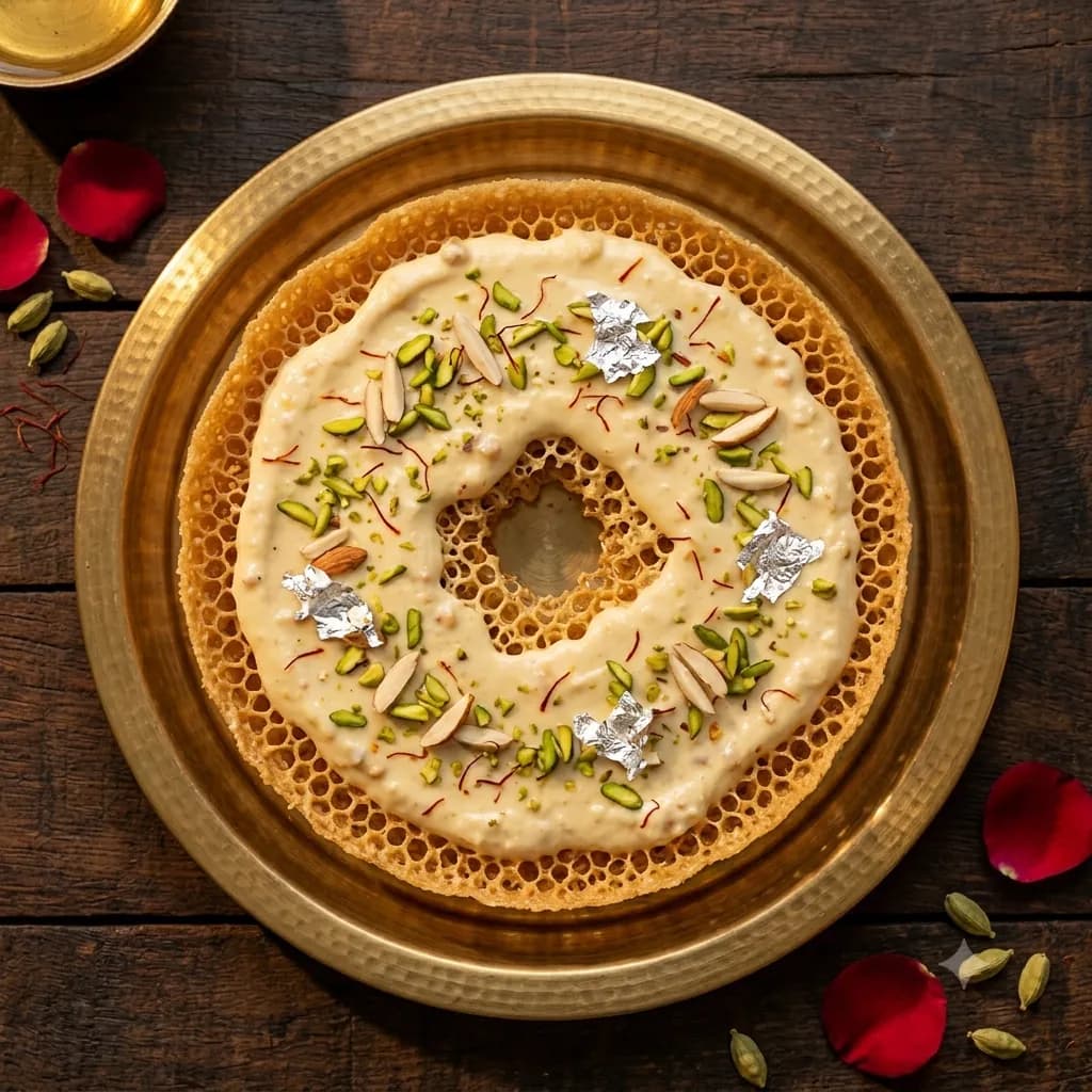 Malai Ghewar at Laxman Bikaner, Ballabgarh: honeycomb ghewar topped with malai, saffron and pistachios on a brass plate