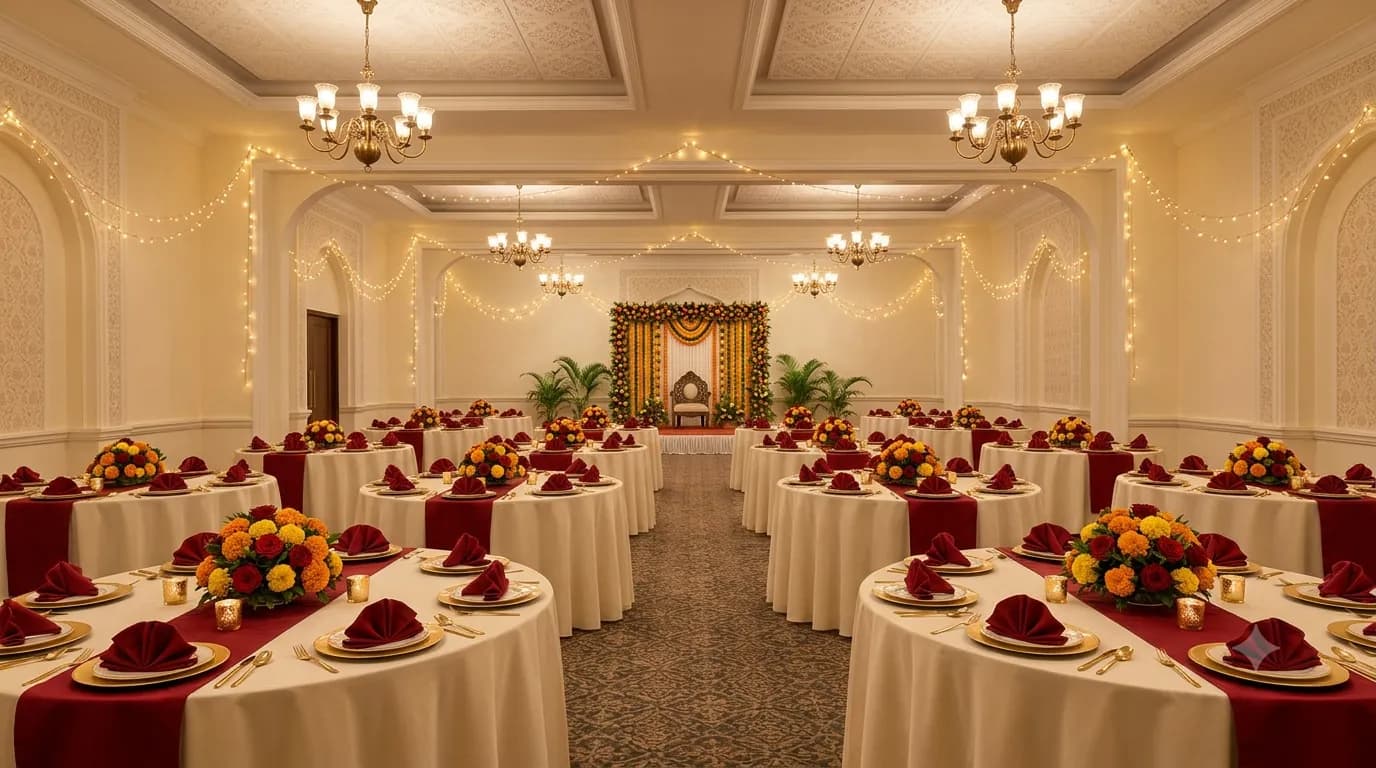 A banquet hall decorated for a family function, with set tables, marigold decor and warm lighting