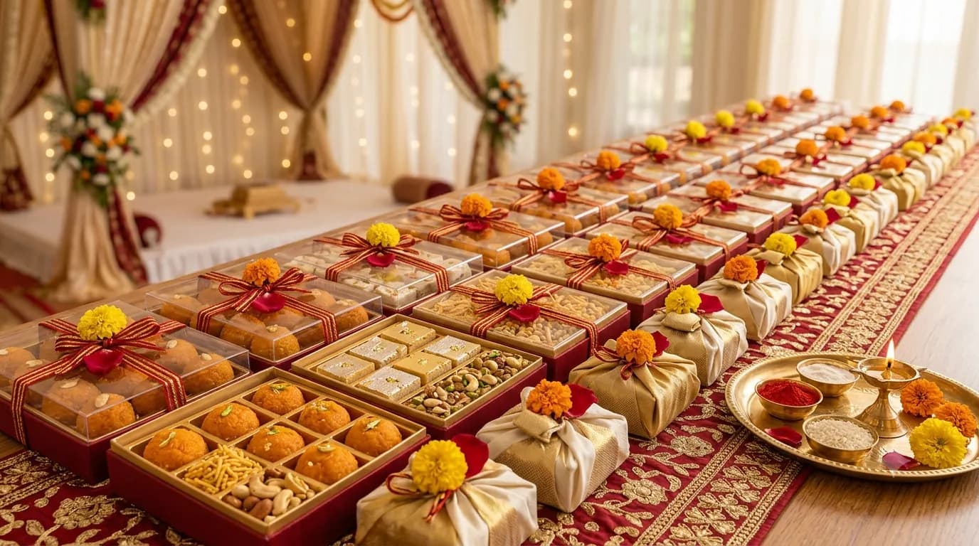 Shaadi ki Bhaji: rows of wedding mithai and namkeen packs from Laxman Bikaner ready to be sent to guests