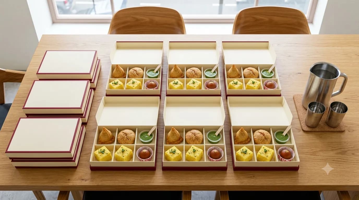 Laxman Bikaner snack boxes with samosa, kachori and a sweet, packed for a meeting or event