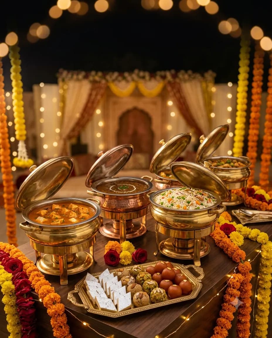 A festive pure-veg wedding catering spread by Laxman Bikaner in Faridabad, with marigold decor and brass serving dishes