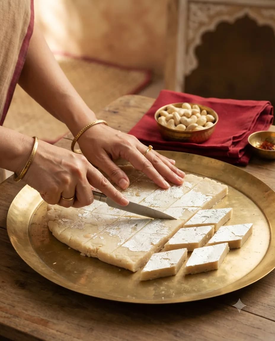 Hands cutting kaju katli into diamonds on a brass thaal, for the Laxman Bikaner mithai blog